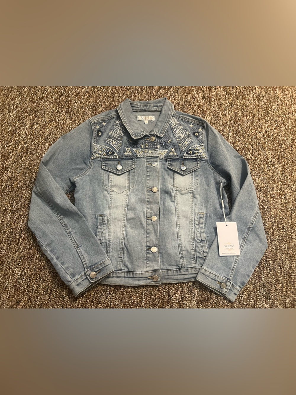 GG Jeans Women’s Embellished Sequin Embroidered Denim Jean Jacket Size M New